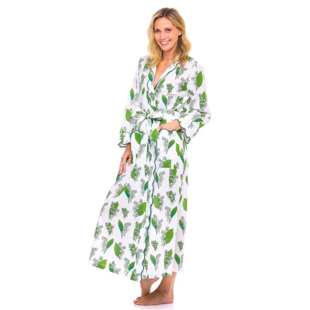 Heidi Carey Long Leaf-Print Robe - White & Green